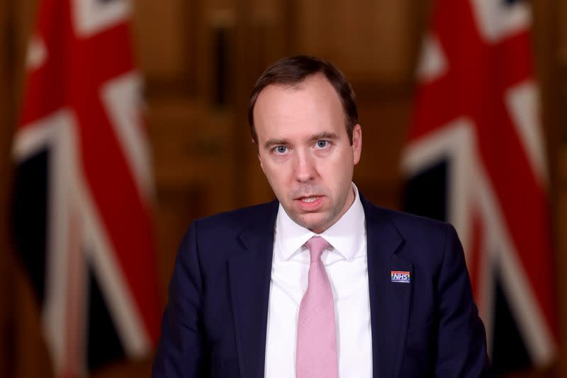 FILE PHOTO: Britain's Health Secretary Matt Hancock attends a media briefing at Downing Street, amid the coronavirus disease (COVID-19) outbreak, in London