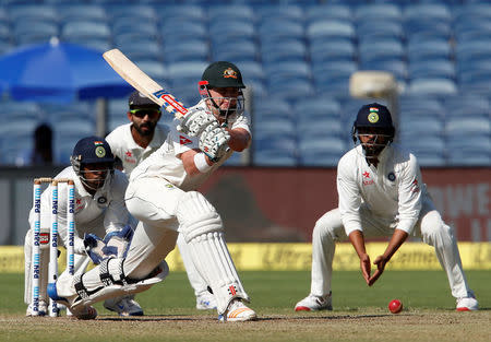 Cricket - India v Australia - First Test cricket match - Maharashtra Cricket Association Stadium, Pune, India - 24/02/17. Australia's Matt Renshaw plays a shot. REUTERS/Danish Siddiqui