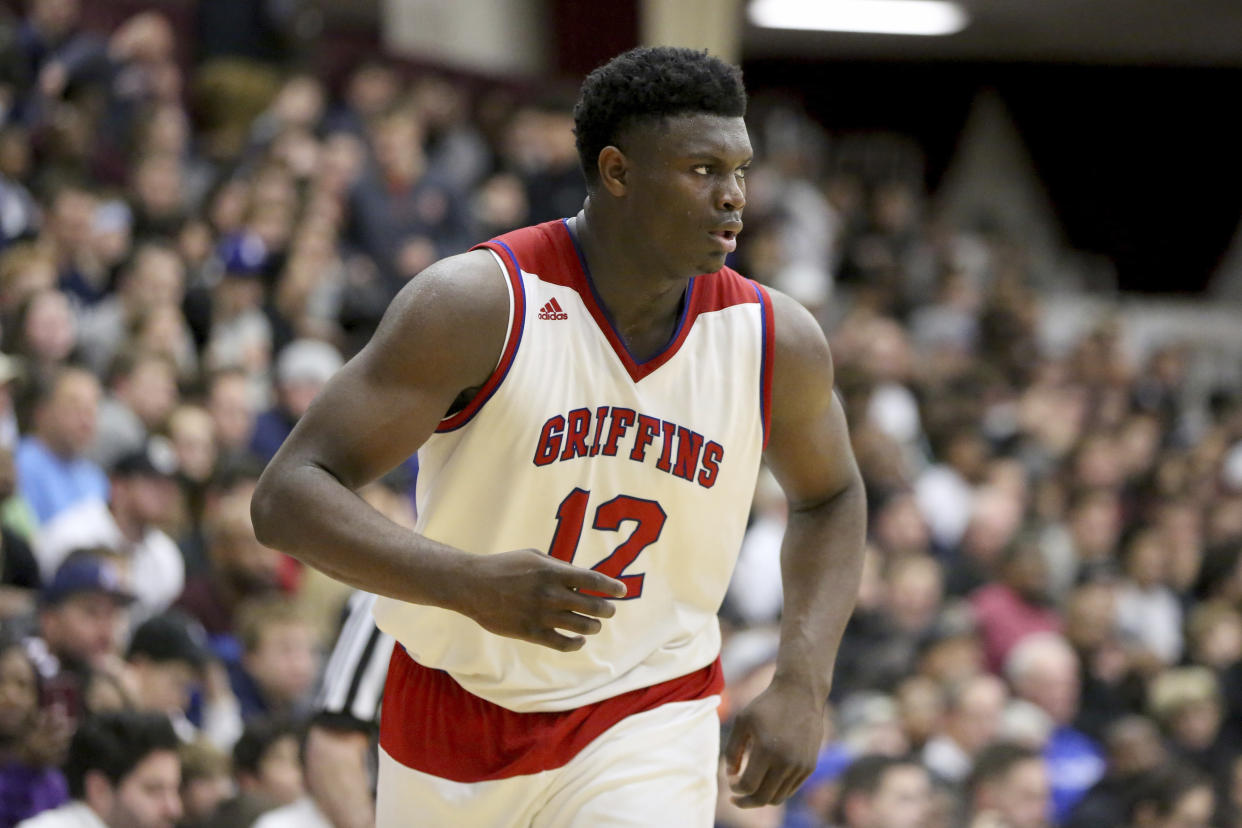 Spartanburg Day’s Zion Williamson is a 6-8, 255 high school cheat code. (AP Photo/Gregory Payan)