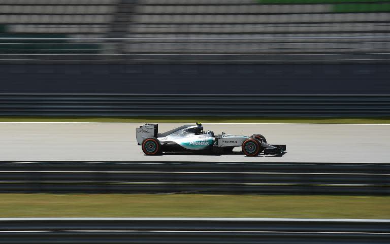 Mercedes' German driver Nico Rosberg steers his car during the second practice session of the Formula One Malaysian Grand Prix at the Sepang circuit near Kuala Lumpur on March 27, 2015