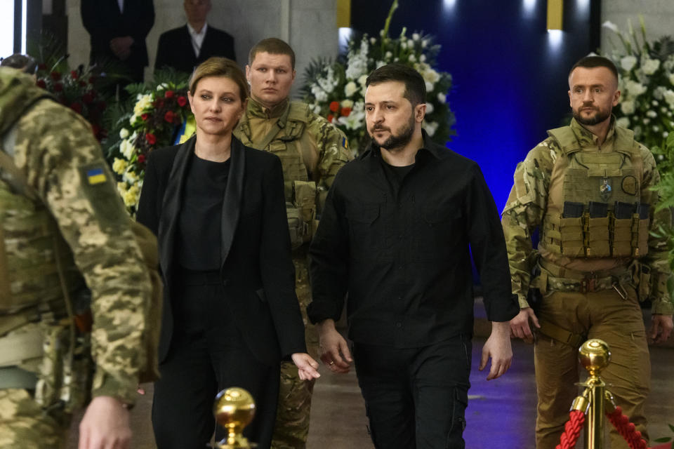 Ukraine's President Volodymyr Zelensky and his wife Olena Zelenska attend the funeral ceremony of Ukrainian first president Leonid Kravchuk in Kyiv, Ukraine, May 17, 2022 (Photo by Maxym Marusenko/NurPhoto via Getty Images)