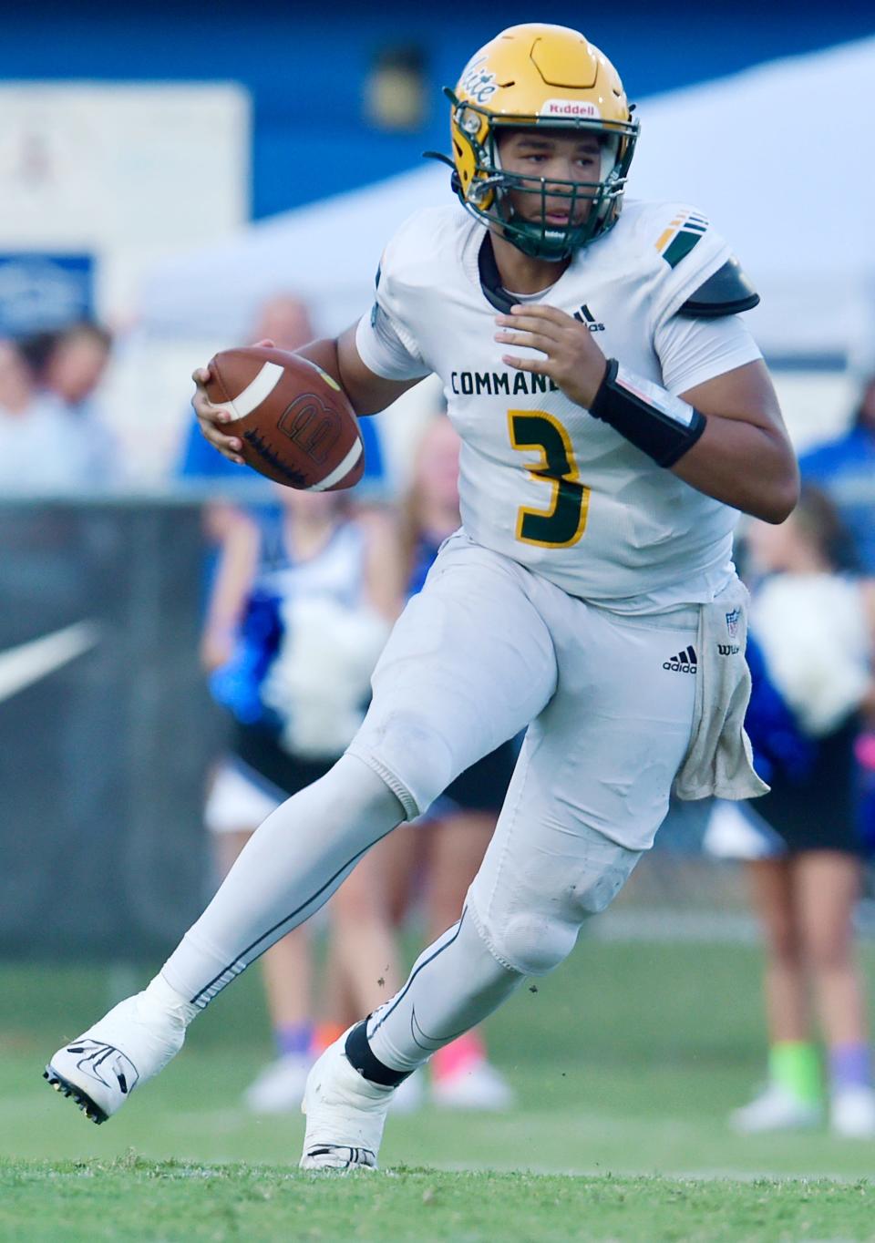 Ed White quarterback Jaylen Pettway scrambles away from traffic. The Commanders' scheduled game against Sandalwood was originally postponed to Oct. 10 due to Hurricane Idalia, before being reinstated later Tuesday.