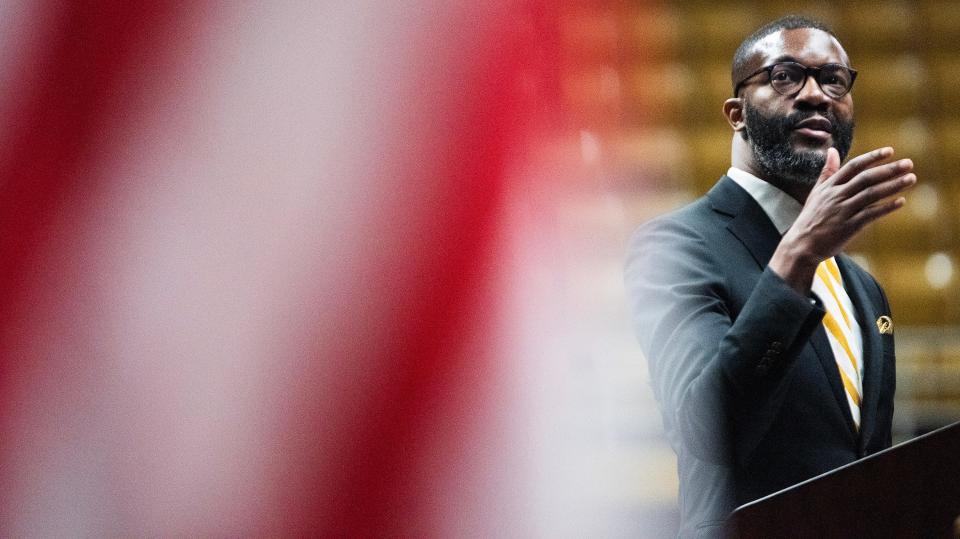 Birmingham Mayor Randall Woodfin speaks during the Alabama State University Founders Day Convocation on the ASU campus in Montgomery, Ala., on Thursday February 2, 2024.