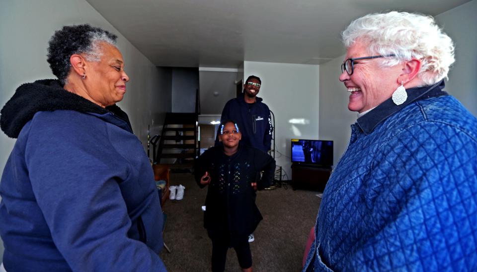 Doris Williams, left, and Vickie Conte meet for the first time on Oct. 15, 2020, at Williams' home.  Williams is the mother of Marlin Dixon, who was released from prison after serving 18 years for the beating death of Charlie Young Jr. Conte befriended Dixon while he was incarcerated and continues to encourage him as he transitions back into society.