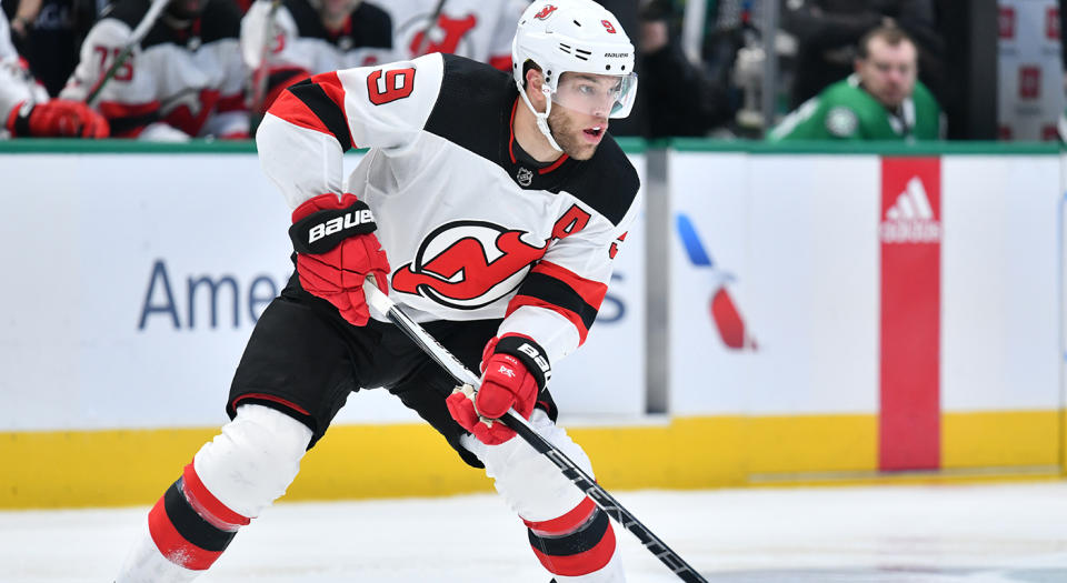 DALLAS, TX - DECEMBER 10: Taylor Hall #9 of the New Jersey Devils handles the puck against the Dallas Stars at the American Airlines Center on December 10, 2019 in Dallas, Texas. (Photo by Glenn James/NHLI via Getty Images) 