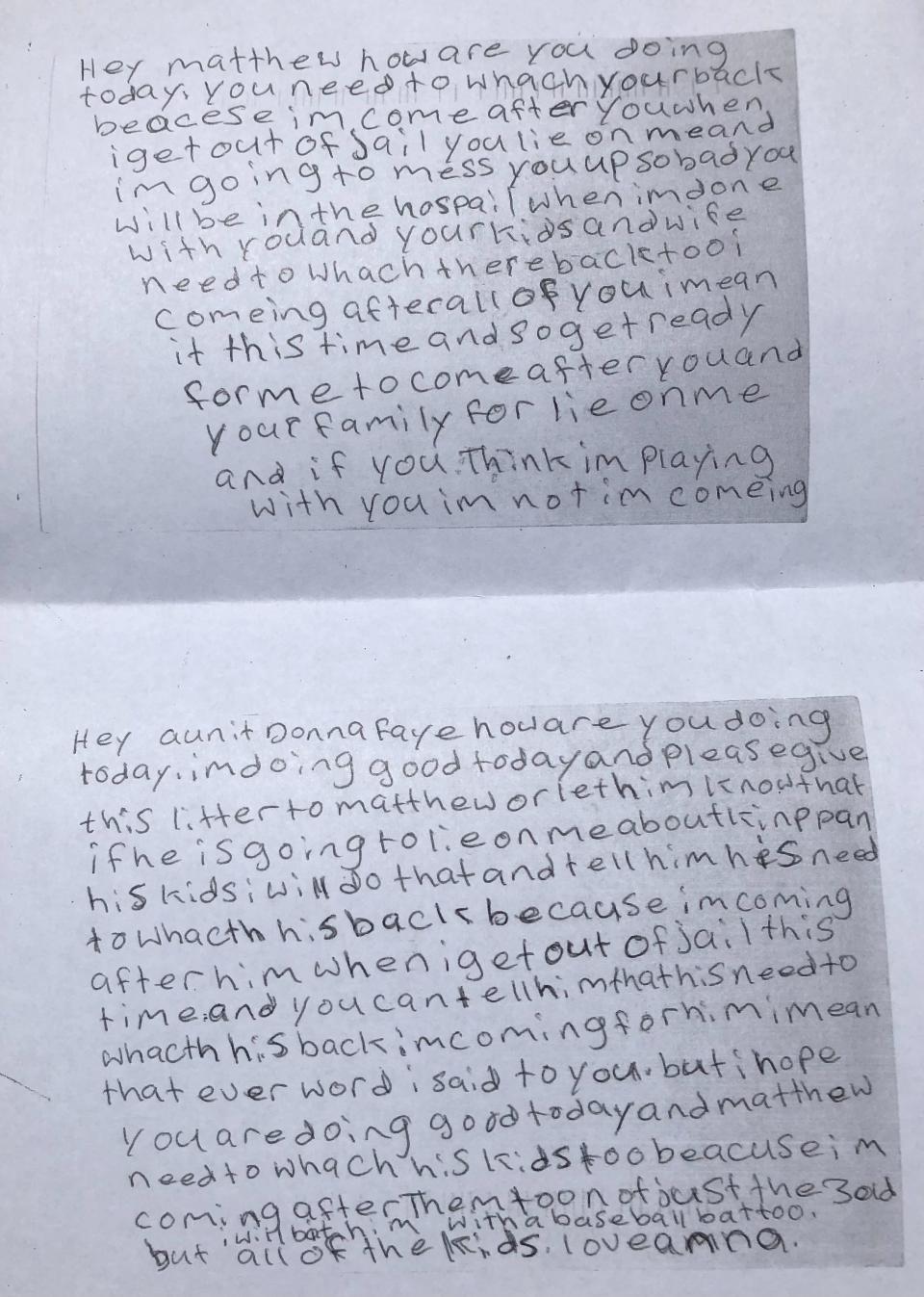 A letter allegedly sent by Anna Catherine Haney to her aunt, Donna Gardener, threatening to kill her cousin Matthew Gardner's son and his family. Kimberly C. Moore/The Ledger