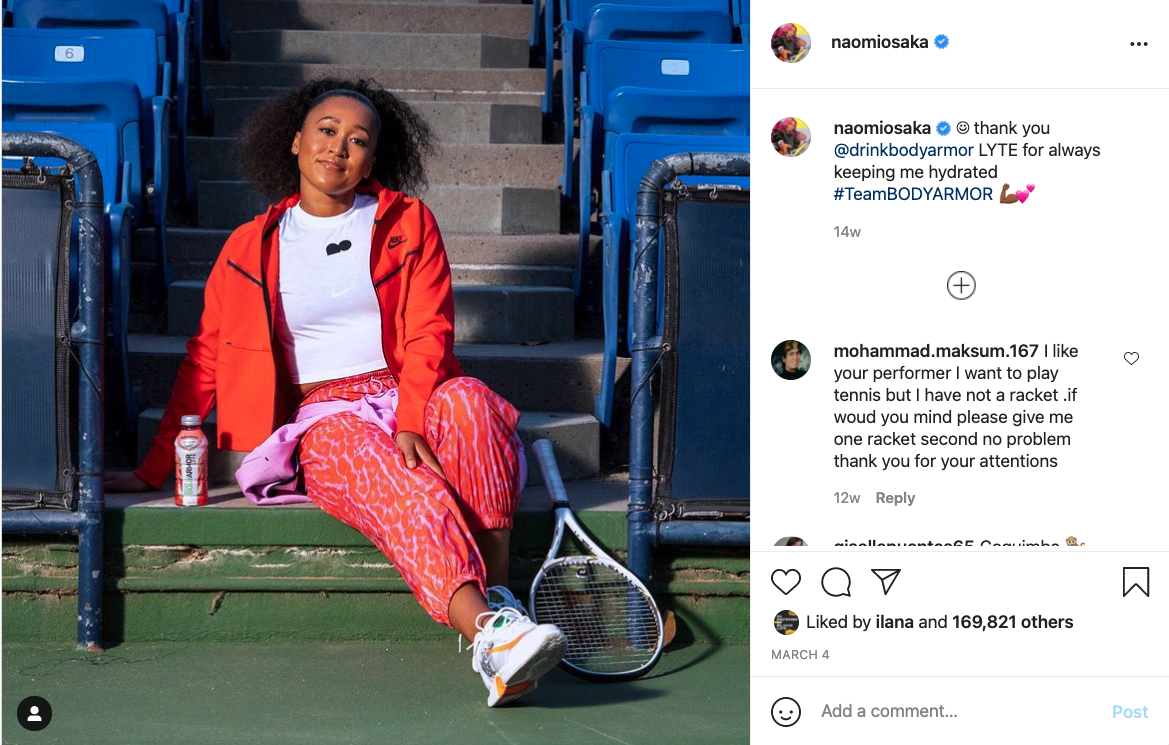 Naomi Osaka Instagram post for Body Armor.