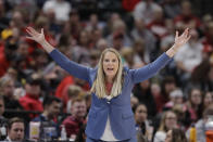 Maryland head coach Brenda Frese watches during the second half of an NCAA college basketball semifinal game against Indiana at the Big Ten Conference tournament, Saturday, March 7, 2020, in Indianapolis. Maryland won 66-51. (AP Photo/Darron Cummings)