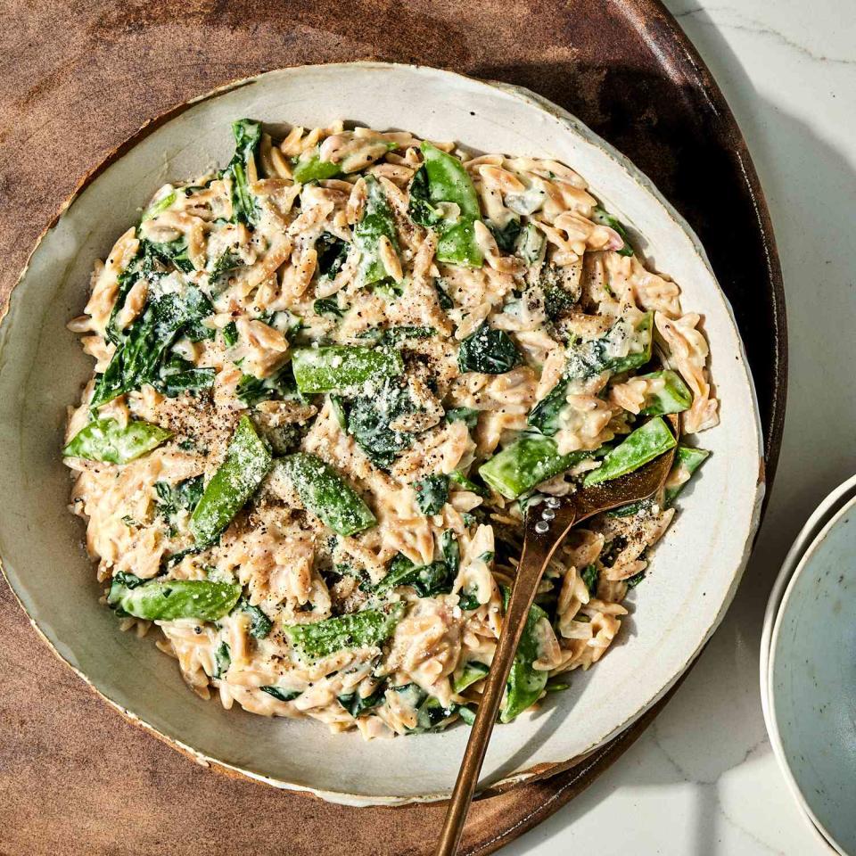 Creamy Lemon Orzo with Spinach & Snap Peas