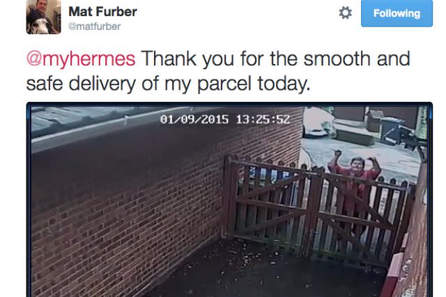 Delivery driver hurls parcel over gate