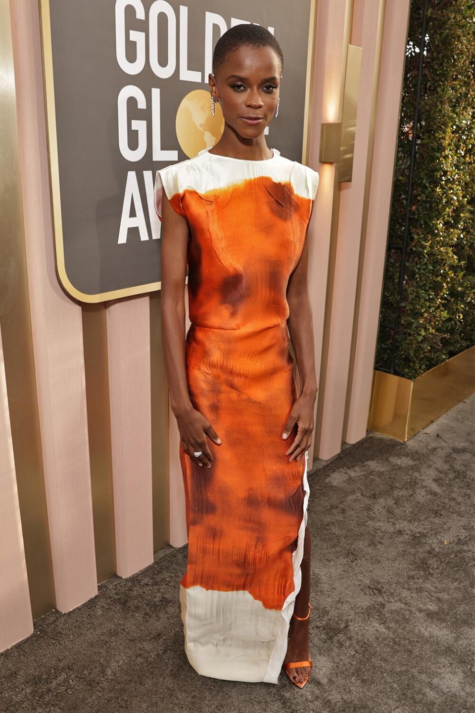 BEVERLY HILLS, CALIFORNIA - JANUARY 10: 80th Annual GOLDEN GLOBE AWARDS -- Pictured: Letitia Wright arrives at the 80th Annual Golden Globe Awards held at the Beverly Hilton Hotel on January 10, 2023 in Beverly Hills, California. -- (Photo by Todd Williamson/NBC/NBC via Getty Images)