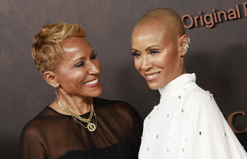 US actress Jada Pinkett Smith and her mom Adrienne Banfield-Jones (L) arrive for the premiere of Apple Original Films' 