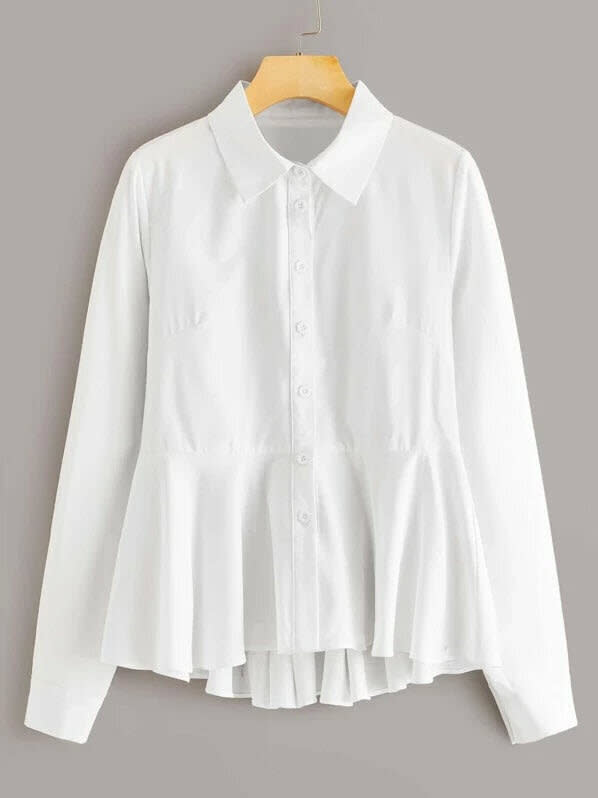 Offering a peplum twist on a classic white button-down, this white blouse falls nicely under $20, so there&rsquo;s nothing stopping you from adding two of these tops to your shopping cart. <br /><br /><strong><a href="https://us.shein.com/Plus-Button-Up-Peplum-Blouse-p-910090-cat-1891.html" target="_blank" rel="noopener noreferrer">Get the&nbsp;Shein Plus Button Up Peplum Blouse, $16</a>.</strong>