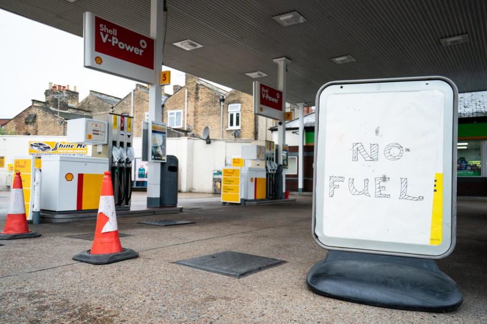 A ‘no fuel’ sign on the forecourt of a petrol station in London (Dominic Lipinski/PA) (PA Wire)