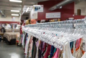 Photo of a clothing rack at a Salvation Army thrift store