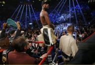 Floyd Mayweather, Jr. of the U.S. stands up on the ropes in his corner after defeating Manny Pacquiao of the Philippines in their welterweight WBO, WBC and WBA (Super) title fight in Las Vegas, Nevada, May 2, 2015. REUTERS/Steve Marcus