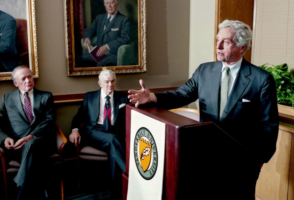 John Seigenthaler, right, chairman emeritus of The Tennessean and chairman of the First Amendment Center, talks of the need to protect the freedoms offered in America during a press conference at Vanderbilt University on Jan. 16, 1992. Vanderbilt Chancellor Joe B. Wyatt, left, and The Freedom Forum chairman Allen Neuharth listen as plans to establishes a First Amendment Center at Vanderbilt is announced.