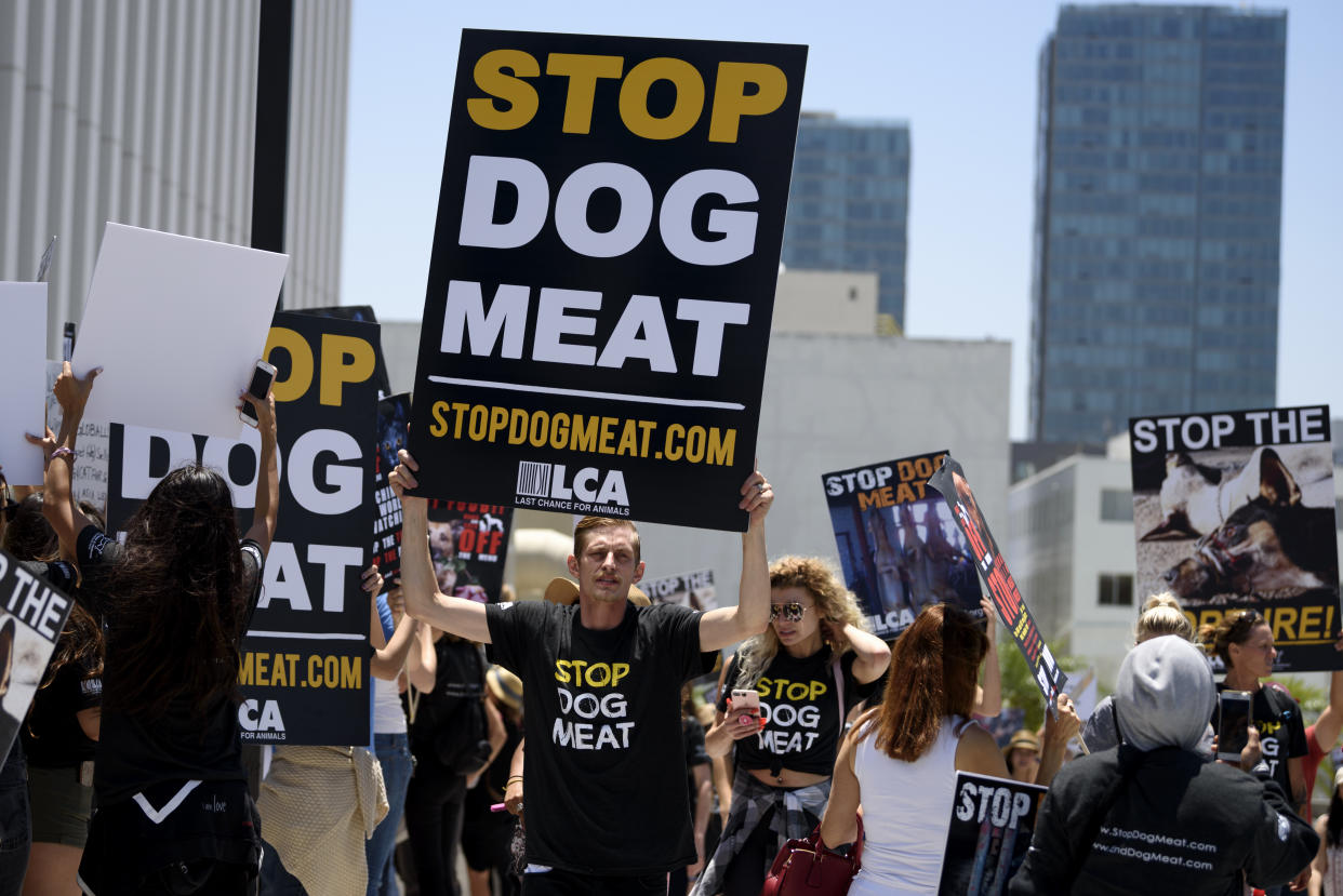 Animal rights activists gather in front of the Chinese Consulate General in Los Angeles to protest China's dog meat trade and the Yulin Dog Meat Festival. Los Angeles, California on June 9, 2017. According to activists with Last Chance for Animals, thousands of dogs are beaten, boiled and burned alive during the Yulin Dog Meat Festival. (Photo by Ronen Tivony) *** Please Use Credit from Credit Field *** *** Please Use Credit from Credit Field ***