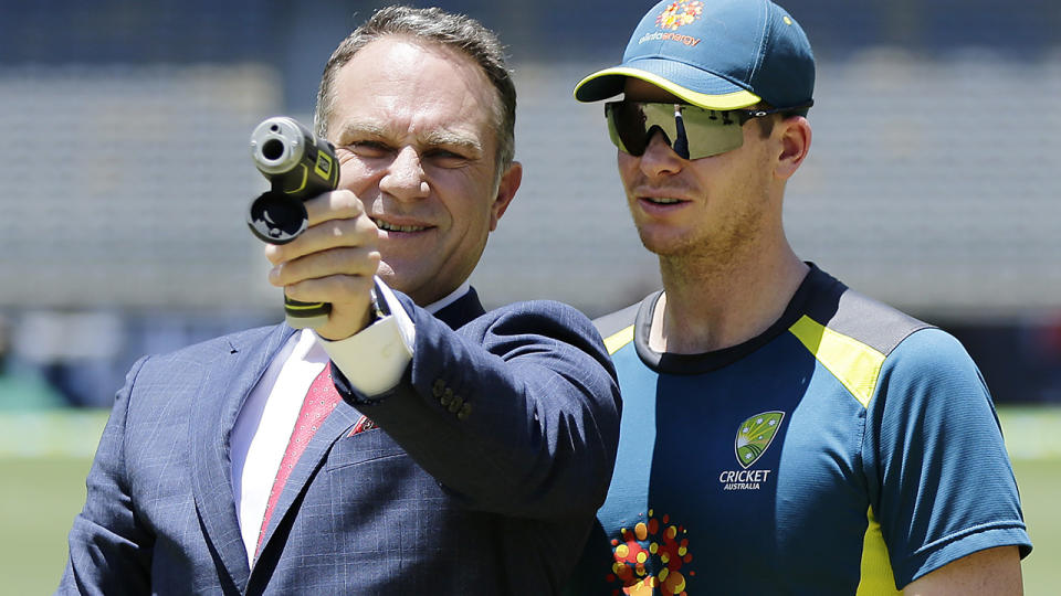 Michael Slater and Steve Smith, pictured here during a Test match in 2019.