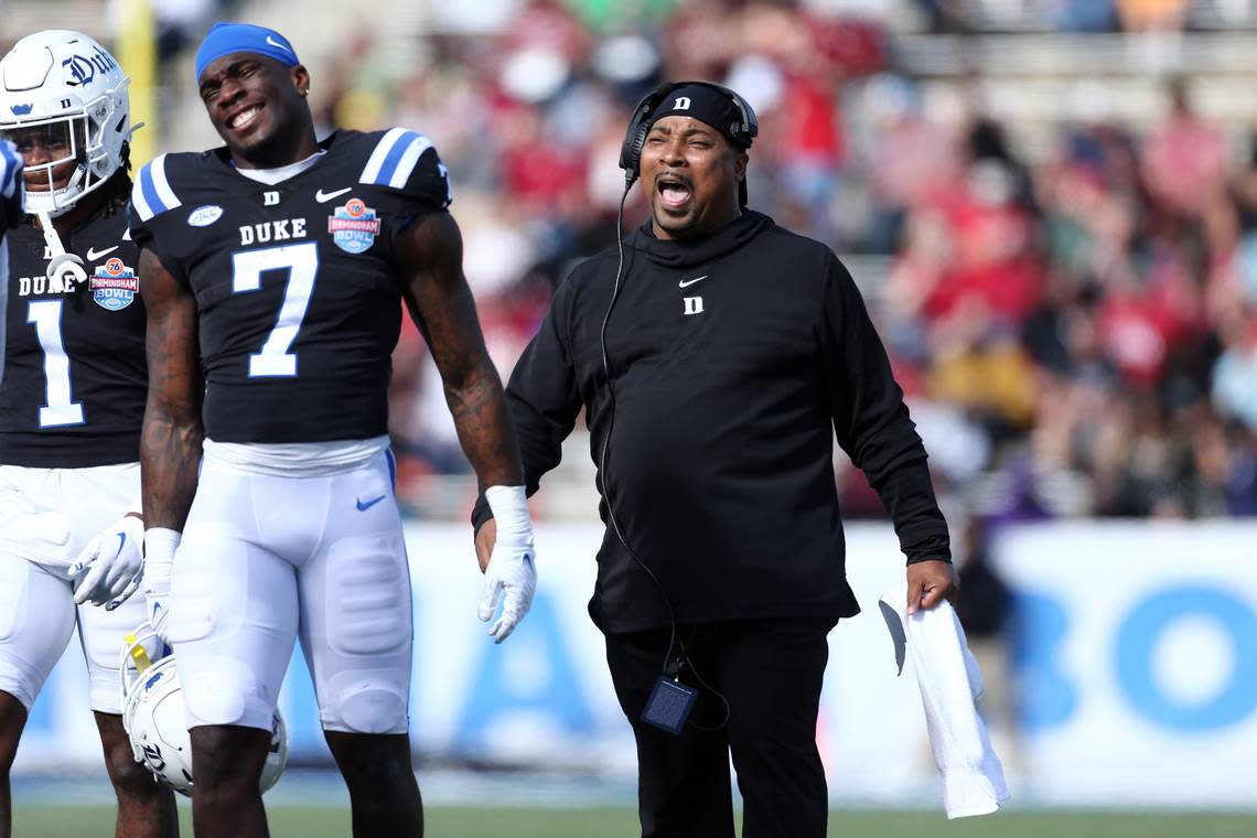 Duke Blue Devils interim head coach Trooper Taylor reacts during the first half of their bowl game against the Troy Trojans at Protective Stadium on Saturday, Dec. 23, 2023.