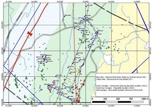 Drill holes, pegmatites and spodumene rich boulder trains at the Bergby Project, Sweden