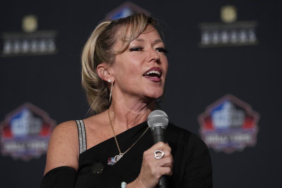 Misty McMichael, wife of NFL Hall of Fame Class of 2024 Steve McMichael, speaks during a news conference at the NFL Honors award show ahead of the Super Bowl 58 football game Thursday, Feb. 8, 2024, in Las Vegas. The San Francisco 49ers face the Kansas City Chiefs in Super Bowl 58 on Sunday. (AP Photo/Godofredo A. Vásquez)