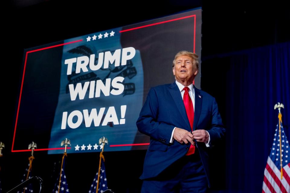 Ms Haley came in third place in the Iowa caucuses on Monday, behind Donald Trump (pictured) and Ron DeSantis (AP)