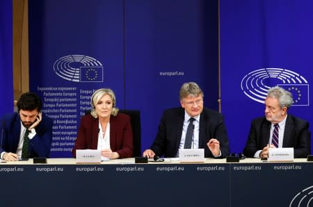 Italian MEP Zanni, French far-right National Rally party leader Le Pen, German MEP Meuthen and Belgian MEP Annemans address a news conference at the EU Parliament in Brussels