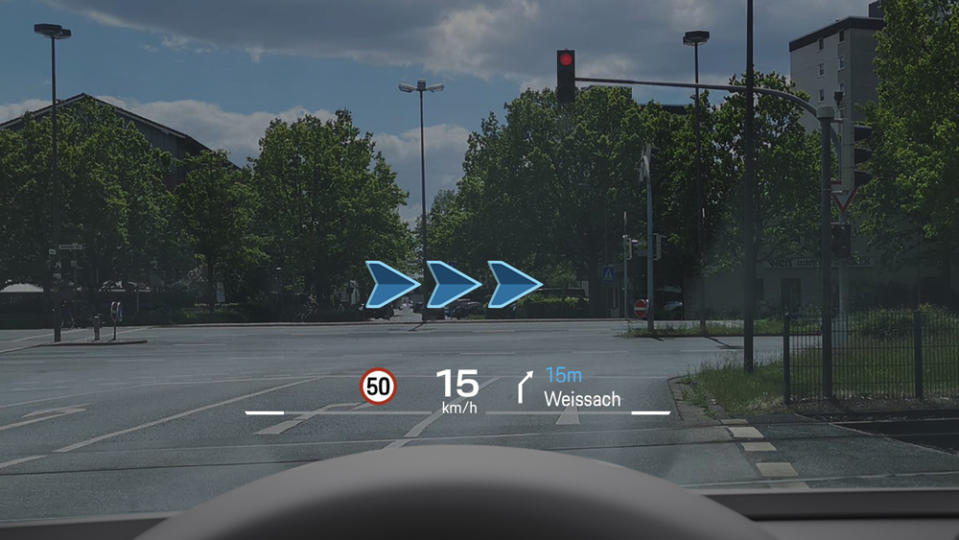 An example of the new augmented-reality head-up display available for the all-electric 2024 Porsche Macan.