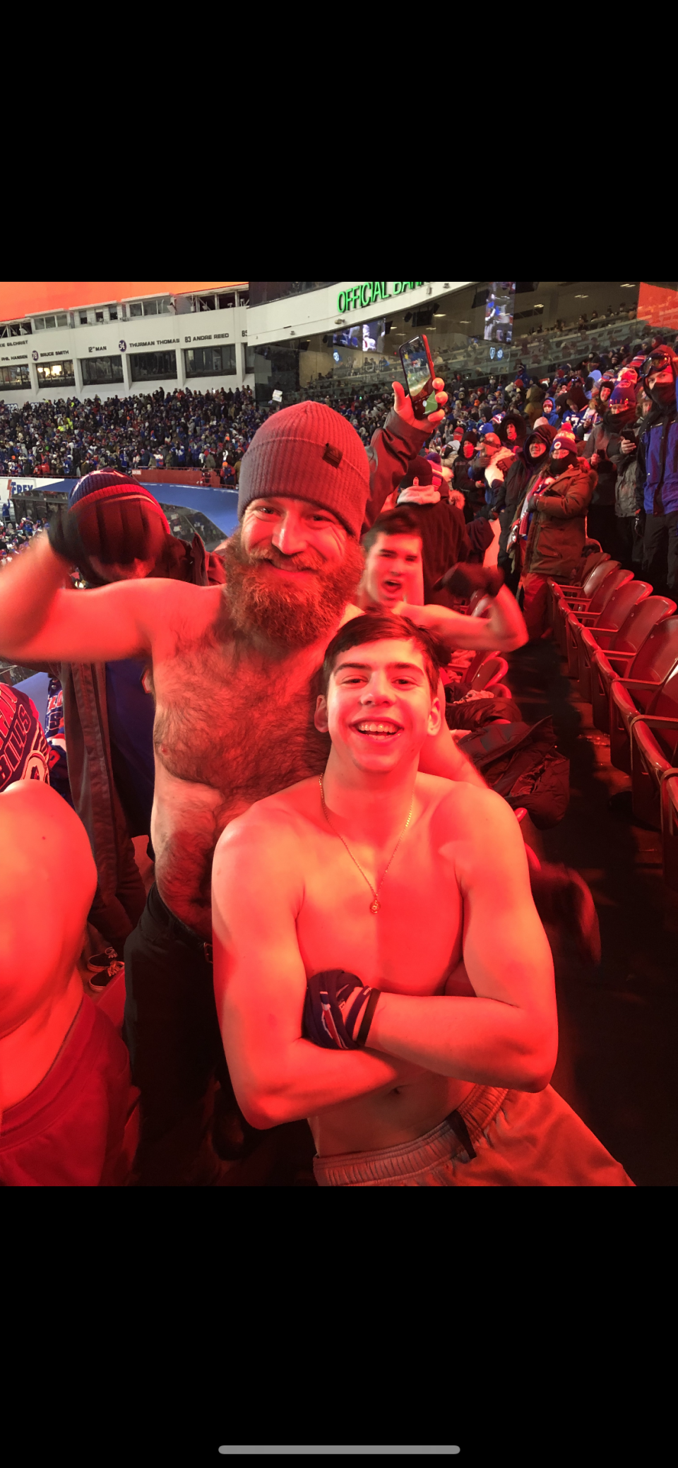 Billy Fisher and former Bills quarterback Ryan Fitzpatrick at Saturday's game against the Patriots.