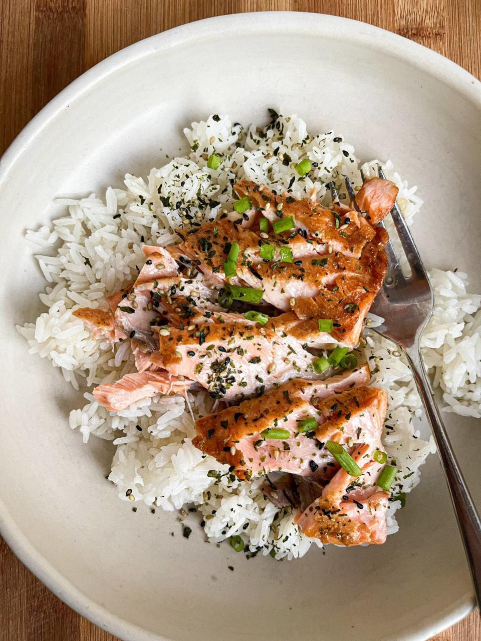 flaked salmon over rice