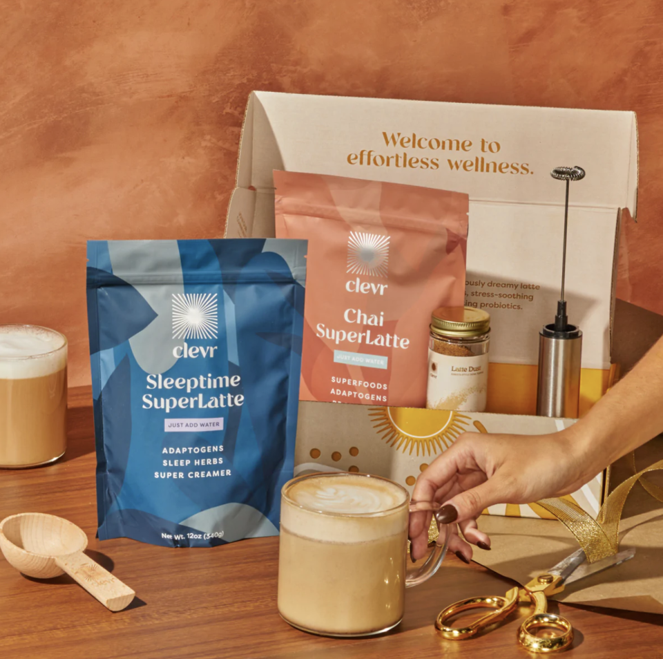 Clevr Blends The Holiday Starter Kit with bags of tea, mug and milk frother (Photo via Clevr Brands)