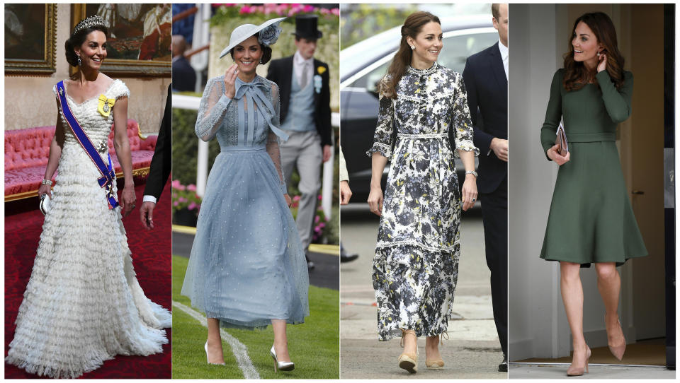 This combination photo shows Britain's Kate, the Duchess of Cambridge, at the State Banquet at Buckingham Palace in London, on June 3, 2019., from left, at the annual Royal Ascot horse race meeting in Ascot, England on June 18, 2019, at the RHS Chelsea Flower Show at the Royal Hospital Chelsea in London on May 20, 2019 and at the Anna Freud Centre, where she opened their new building, The Kantor Centre of Excellence, in London, on May 1, 2019. Meghan, the Duchess of Sussex and Kate, the Duchess of Cambridge continue to be trendsetters and bloggers have made careers out of tracking who and what they wear. (AP Photo)