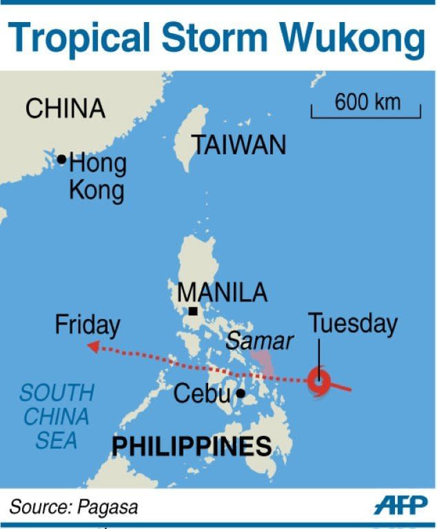 The projected path of Tropical Storm Wukong, which is expected to make landfall in eastern Philippines before dawn on Wednesday