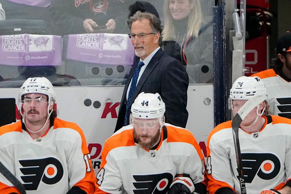 Nov 15, 2022; Columbus, Ohio, USA;  Philadelphia Flyers John Tortorella watches from the bench during the second period of the NHL hockey game against the Columbus Blue Jackets at Nationwide Arena. Mandatory Credit: Adam Cairns-The Columbus Dispatch