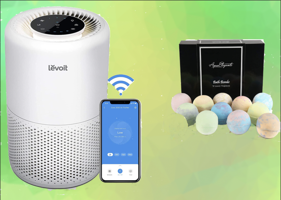 Levoit air purifier and Aqua Elegante bath bombs on a green background.