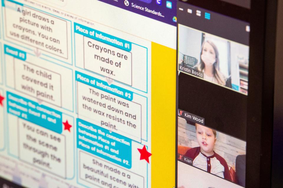 First grade teacher Kristin Bosco, top right, works with virtual students from her classroom at John Sevier Elementary in Maryville, Tenn., on Thursday, February 4, 2021. Bosco allows groups of up to six virtual students to come into the classroom for in-person English-Language Arts learning from 8:30 to 11:30 in the morning.