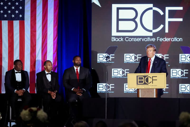 FILE PHOTO: Former U.S. President Trump delivers a keynote speech at the Black Conservative Federation gala dinner, in Columbia, South Carolina