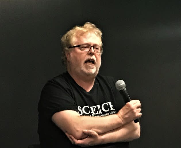 Intellectual Ventures CEO Nathan Myhrvold takes questions during a Hacker News meetup at Atlas WorkBase in Seattle. The T-shirt reads: “Science: Ruining Everything Since 1543.” (GeekWire Photo / Alan Boyle)