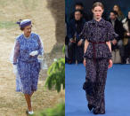 <p>The Queen wore this blue detailed number to a tea party and looked so elegant Roksanda may have taken some inspiration from her outfit for a similar dress in their latest collection. <i>[Photo: Tim Graham/Getty Images/ Photo: Catwalking/Getty Images]</i></p>