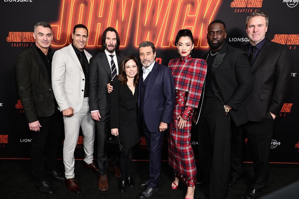 Chad Stahelski, Marko Zaror, Keanu Reeves, Erica Lee, Rina Sawayama, Shamier Anderson, Ian McShane and Basil Iwanyk attend Lionsgate's "John Wick: Chapter 4" screening