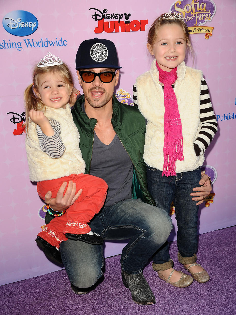 BURBANK, CA - NOVEMBER 10:  Actor Joey Lawrence and daughters Liberty Grace Lawrence (L) and Charleston Lawrence (R) attend the premiere of "Sofia The First: Once Upon a Princess" at Walt Disney Studios on November 10, 2012 in Burbank, California.  (Photo by Jason LaVeris/FilmMagic)