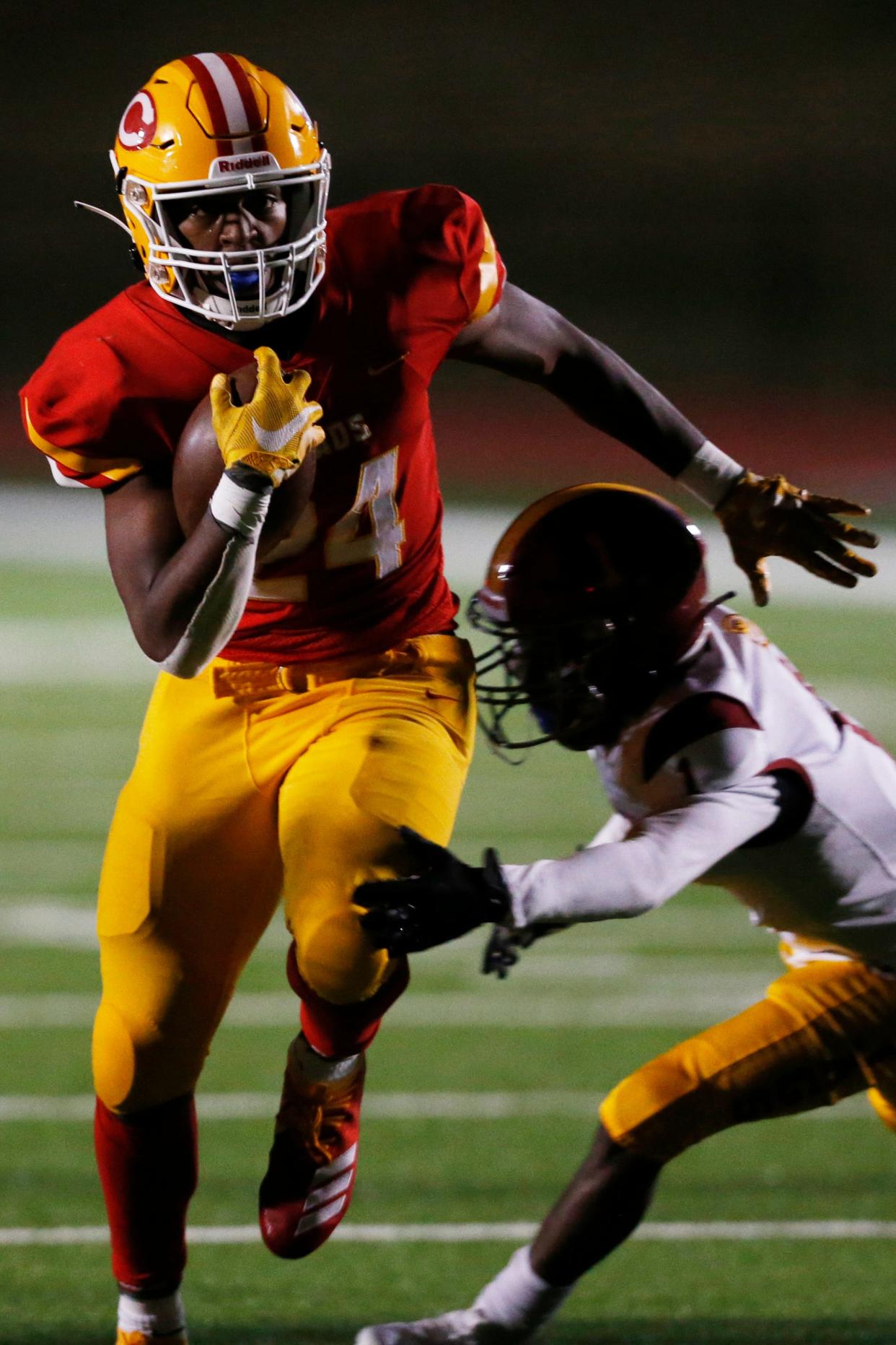 Clarke Central's William Richardson (24) breaks away from a Jackson defender for another touchdown during a GHSA high school football game between Jackson and Clarke Central in Athens, Ga., on Friday, Nov. 12, 2021. Clarke Central won 46-6.