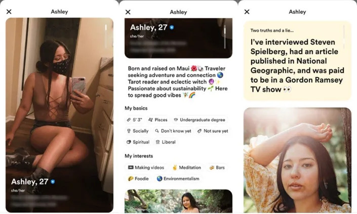 Screenshots of Ashley's bumble profile with photos and bios