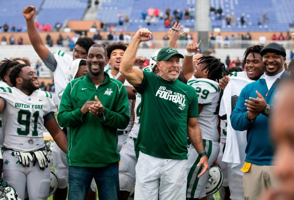 Dutch Fork head coach Tom Knotts celebrates his team’s win in the SCHSL Class 5A Football State Championship at Charles W.Johnson Stadium in Columbia, SC on Saturday, Dec. 3, 2022.