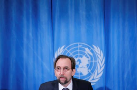 FIE PHOTO - Zeid Ra'ad al-Hussein, U.N. High Commissioner for Human Rights addresses a news conference at the United Nations in Geneva, Switzerland March 9, 2018. REUTERS/Denis Balibouse