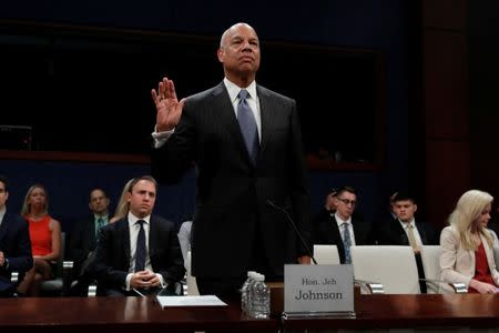 Former U.S. Secretary of Homeland Security Jeh Johnson is sworn in to testify about Russian meddling in the 2016 election before the House Intelligence Committee on Capitol Hill in Washington, U.S., June 21, 2017. REUTERS/Aaron P. Bernstein
