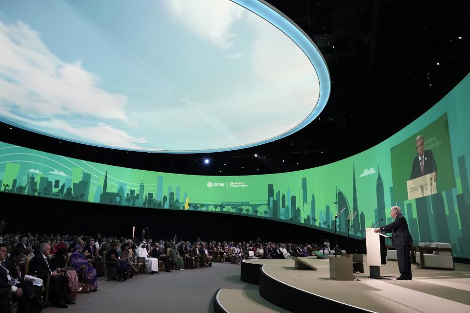 United Nations Secretary-General Antonio Guterres speaks during a session at the COP28 U.N. Climate Summit, Friday, Dec. 1, 2023, in Dubai, United Arab Emirates. (AP Photo/Joshua A. Bickel)