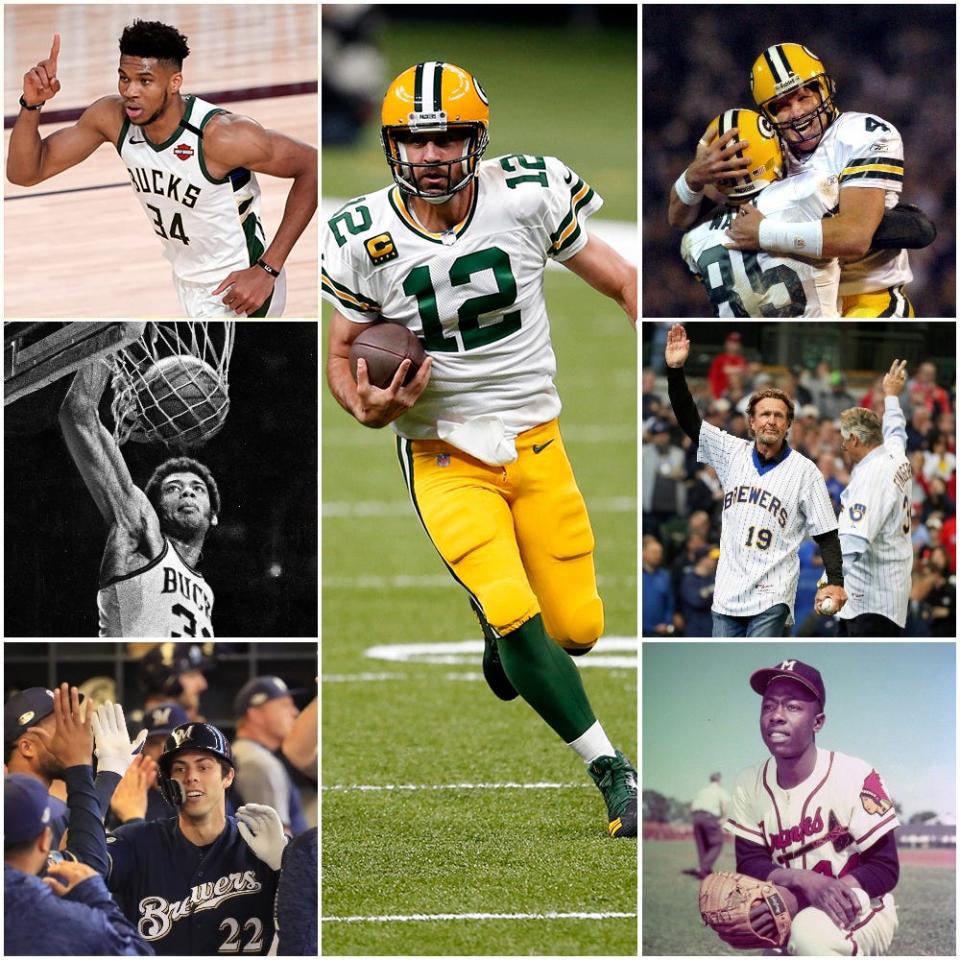 Wisconsin MVPs include (clockwise, from upper left) Giannis Antetokounmpo, Aaron Rodgers, Brett Favre, Robin Yount and Rollie Fingers, Hank Aaron, Christian Yelich and Kareem Abdul-Jabbar.