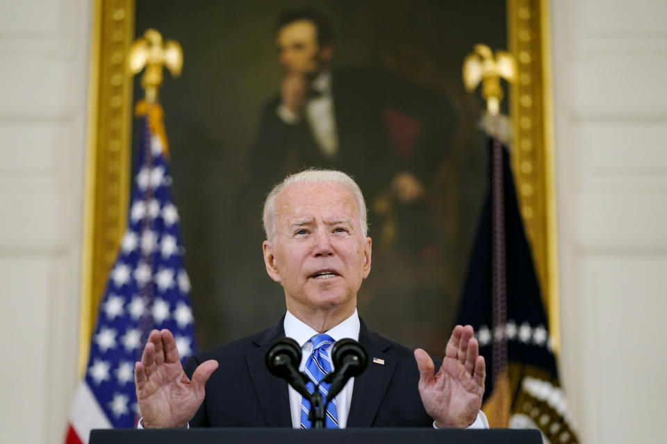 President Joe Biden speaks about the economy and his infrastructure agenda in the State Dining Room of the White House, in Washington, Monday, July 19th, 2021. (AP Photo/Andrew Harnik)